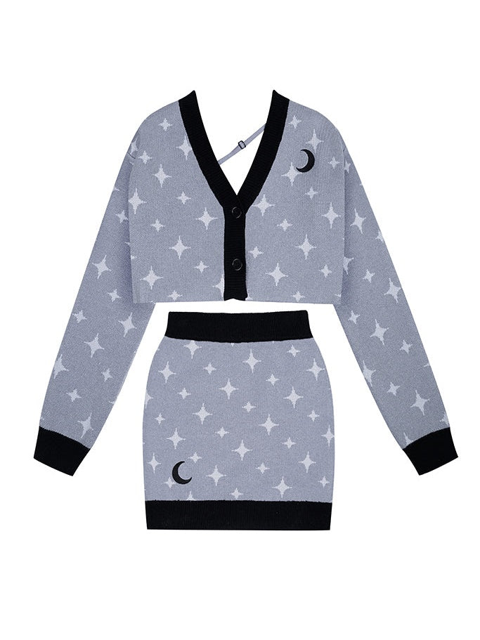 Starry Sky Design Knitted Cardigan & Short Skirt