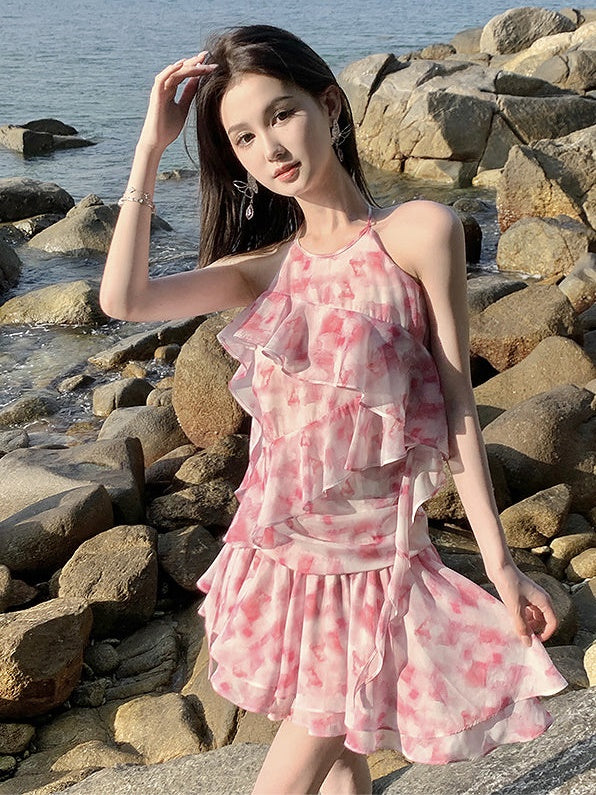 IRREGULAR HEM RUFFLES HALTER NECK PRINTED GAUZE ONE-PIECE