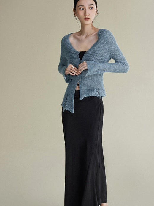 Asymmetrischer Mohair zerrissene Strickjacke