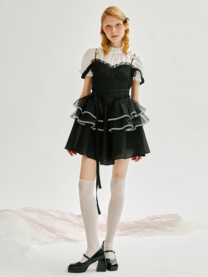 Rose Shoulder Strap Puff Lace Sling Dress