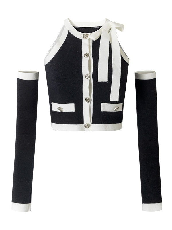 Contrast Color Sleeveress Knitted Top & PLEATED SKIRT & SLEEVE