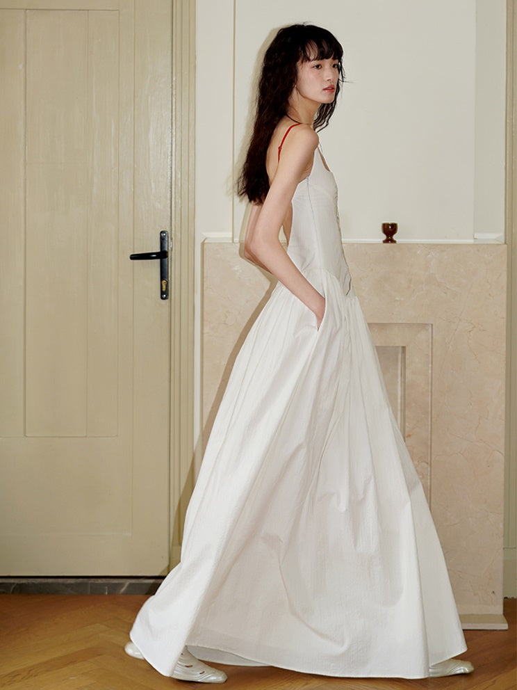 Embroidered Long Backless Sling Dress