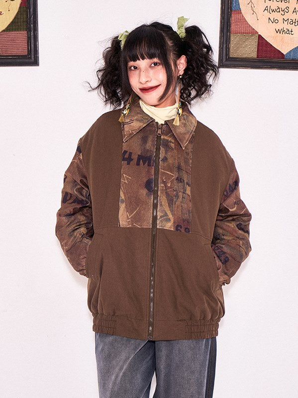 인쇄 패치 워크 드롭 어깨 패딩 재킷