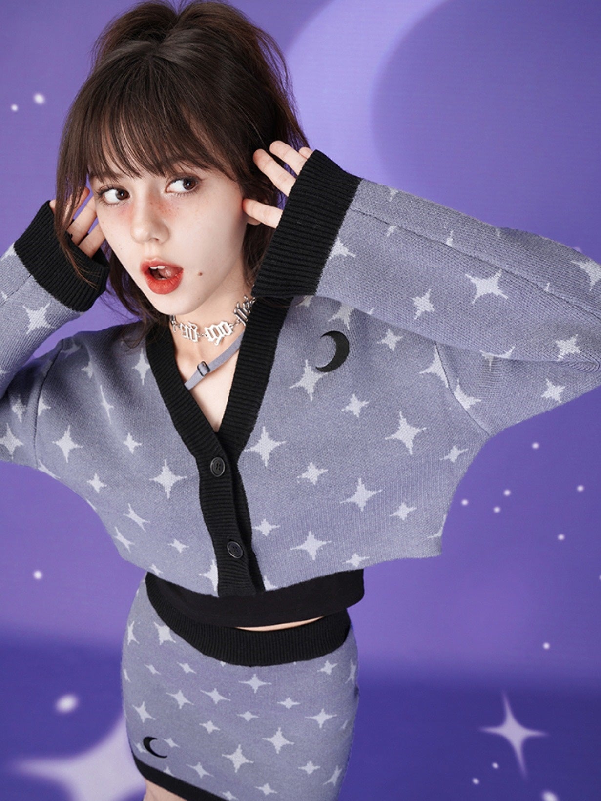 Starry Sky Design Knitted Cardigan & Short Skirt