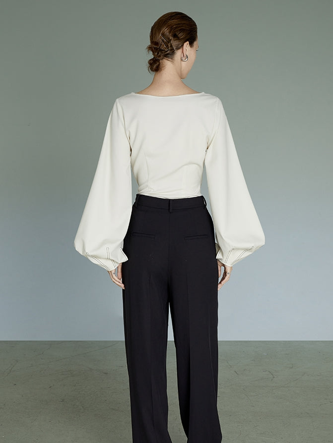 Balloon-Sleeves Boat-Neck Drop-Cut Stitch Blouse