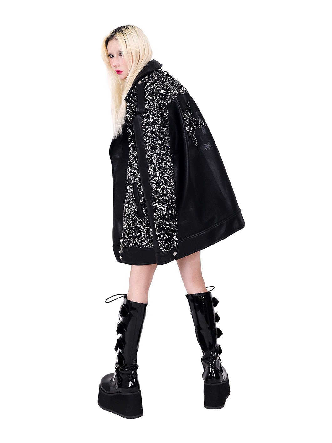 스팽글 별 느슨한 가죽 자켓