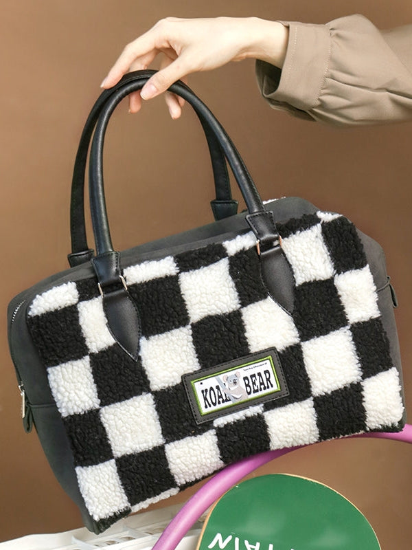 격자 무늬 지퍼 토트 백