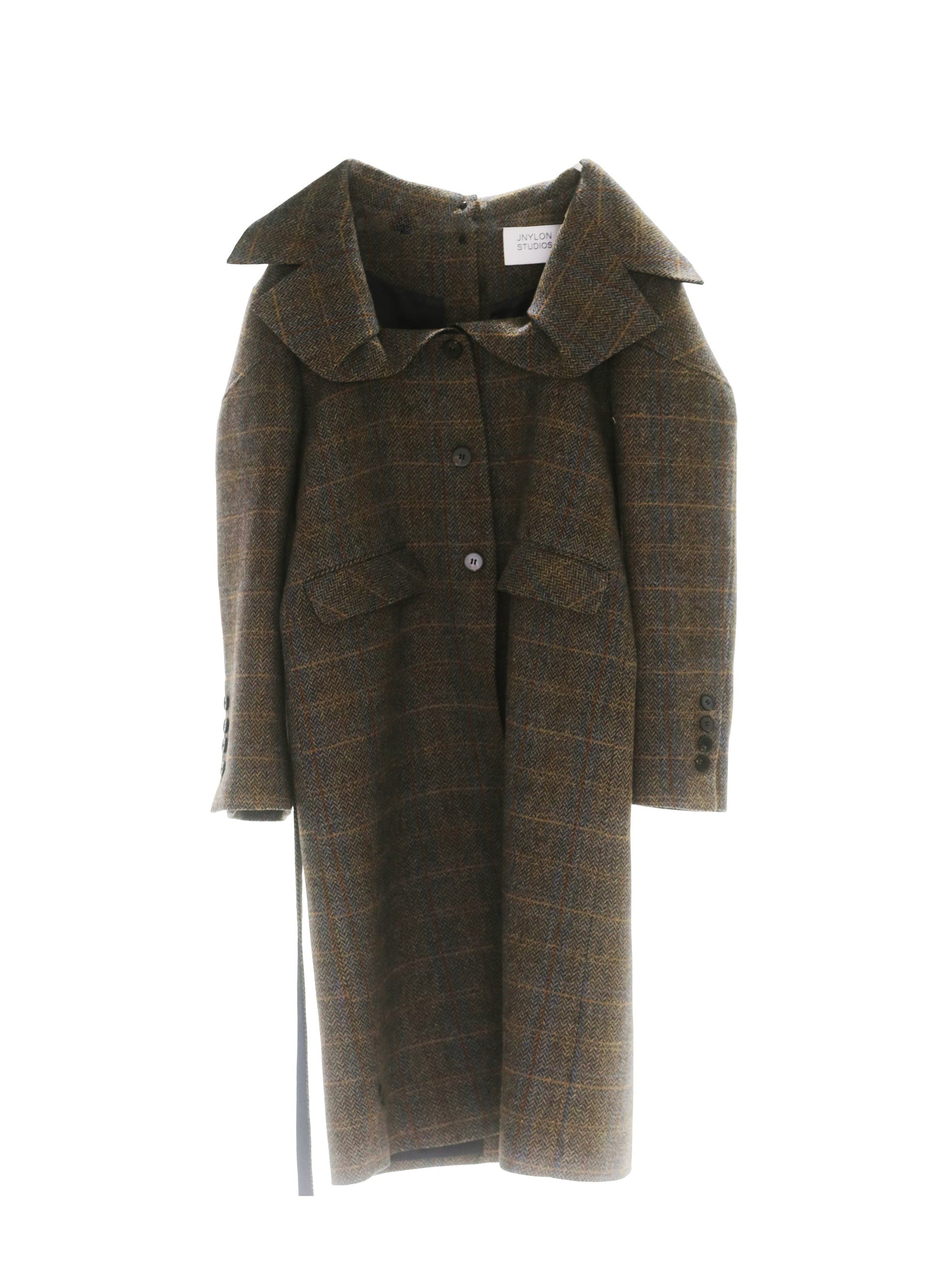 THREE-DIMENSIONAL GENEROUS COLLAR PLAID WOOL LONG COAT