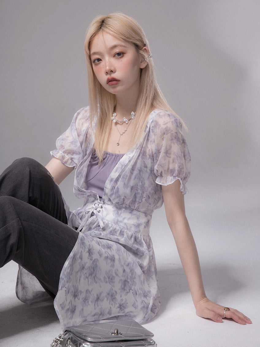 Romantic Transparent Floral Shirt & Camisole Set-up
