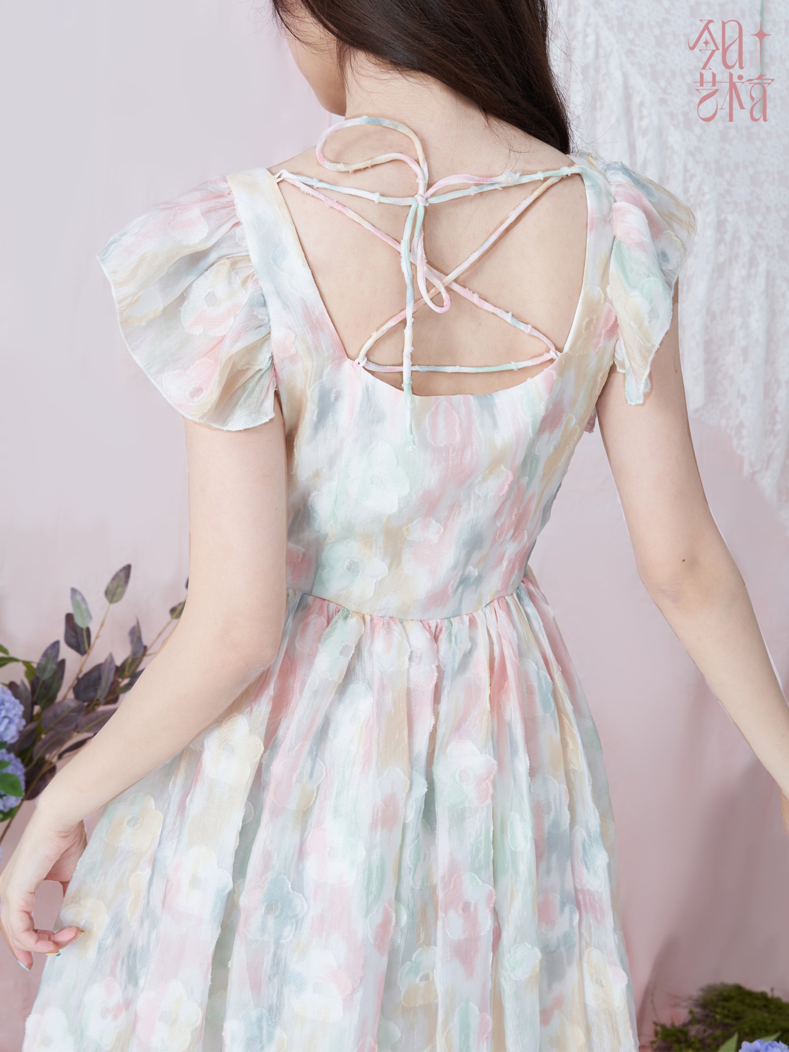 넥타이 염색 프릴 달콤한 꽃 원피스