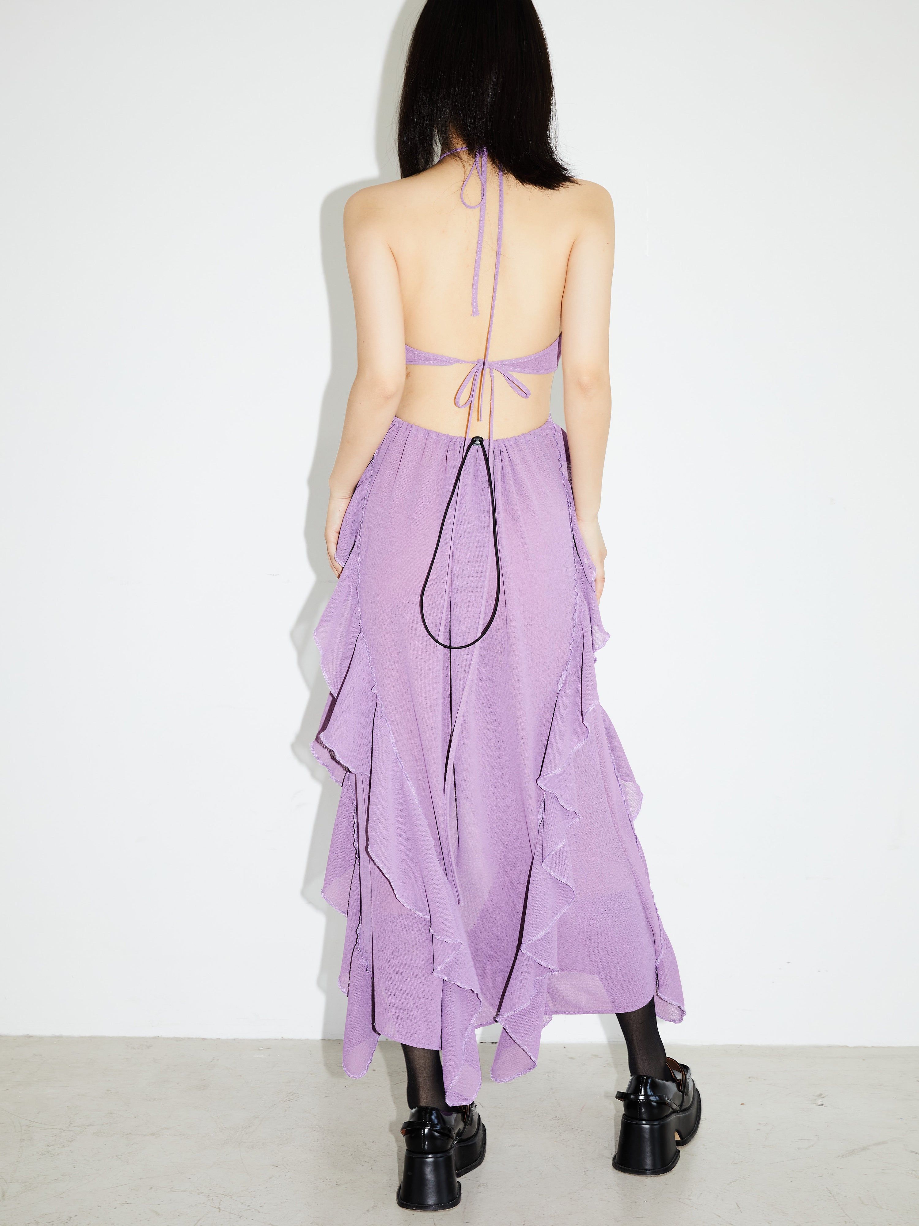 Geometric Hollow Ruffle Asymmetric Deep v Dress