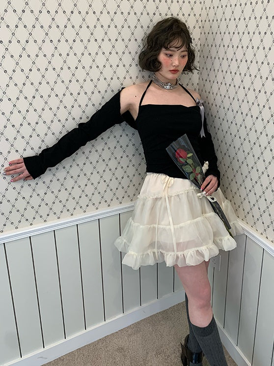 Ribbon Halter Neck Camisole & Sleeve Set-UP