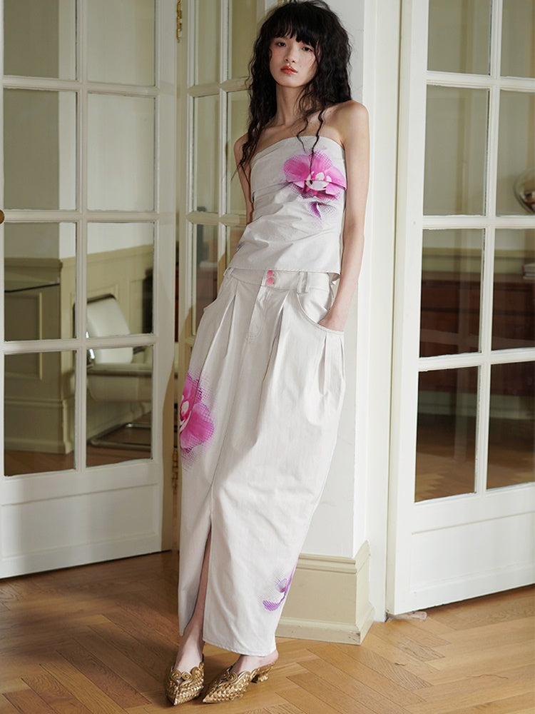 중국 스타일의 플로럴 프린트 버드 스커트