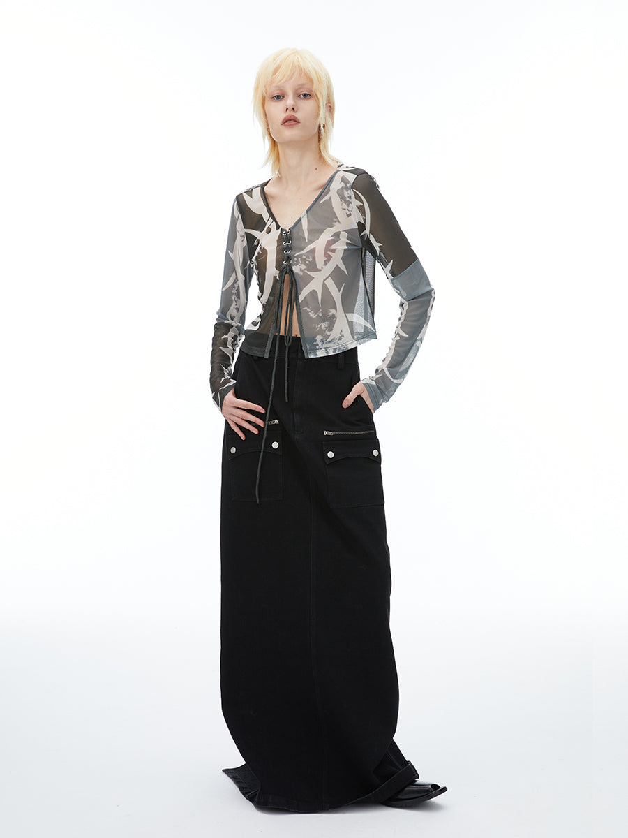 포켓 데님 맥시 저층 치마