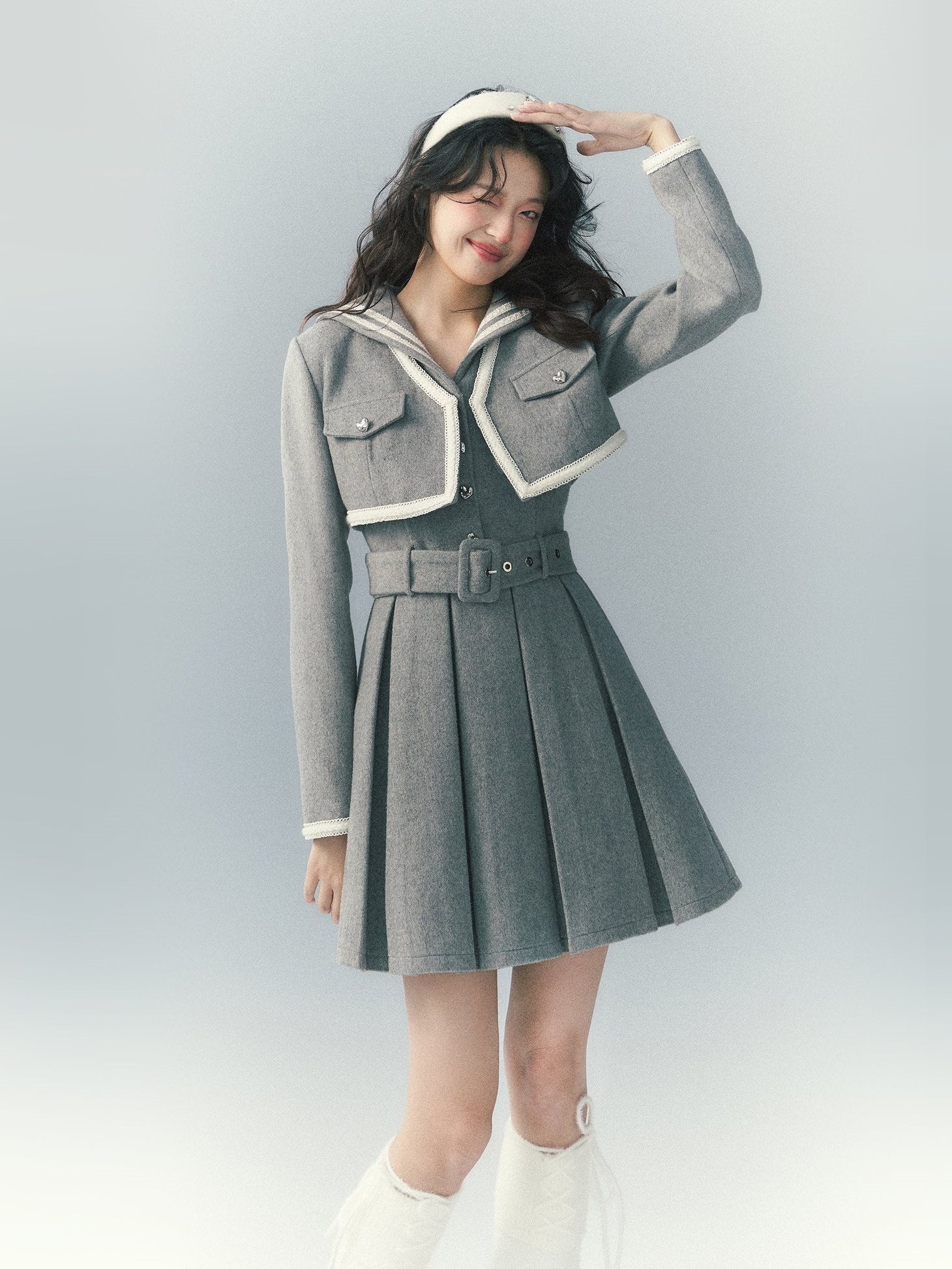 Navy Collar Pleated Dress & Short Jacket