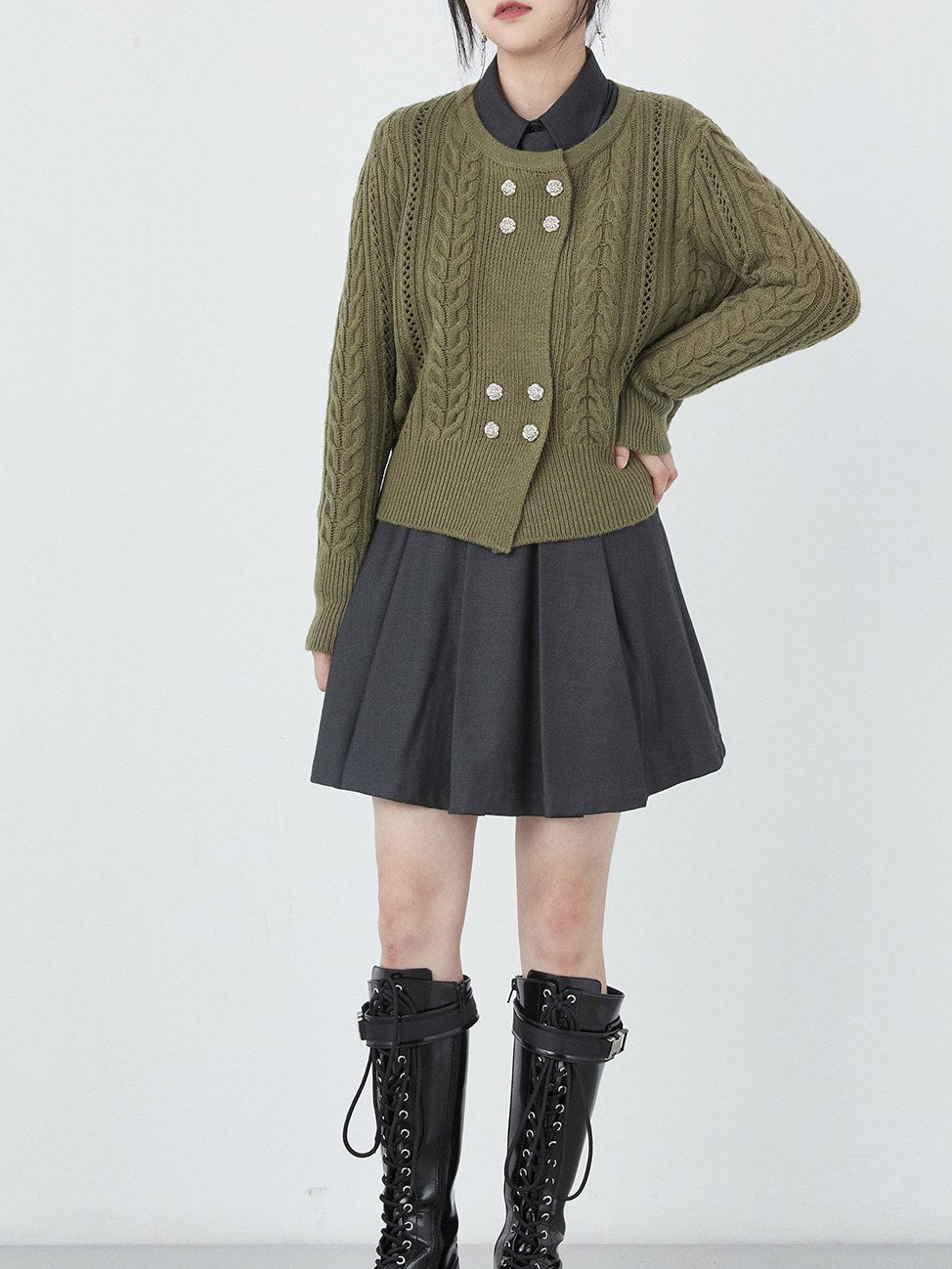 Double-breasted Round Neck Cable Cardigan