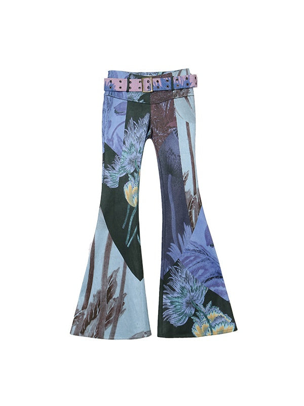 Vintage Print Slim Fit ausgestoßener Hosen mit Gürtel