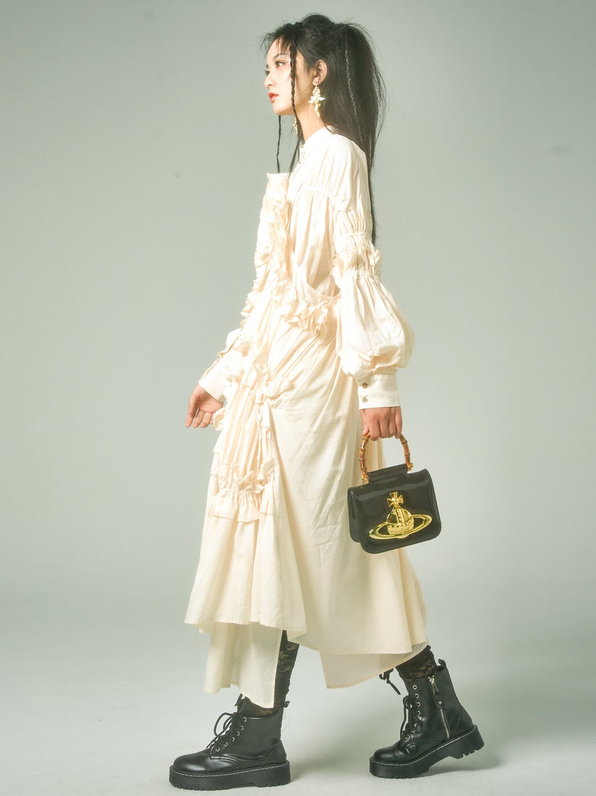Ruffled Cotton Shirring Long Dress