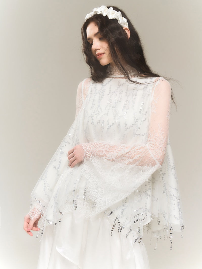 SEQUINED MESH IRREGULAR BLOUSE & SEQUINED SKIRT