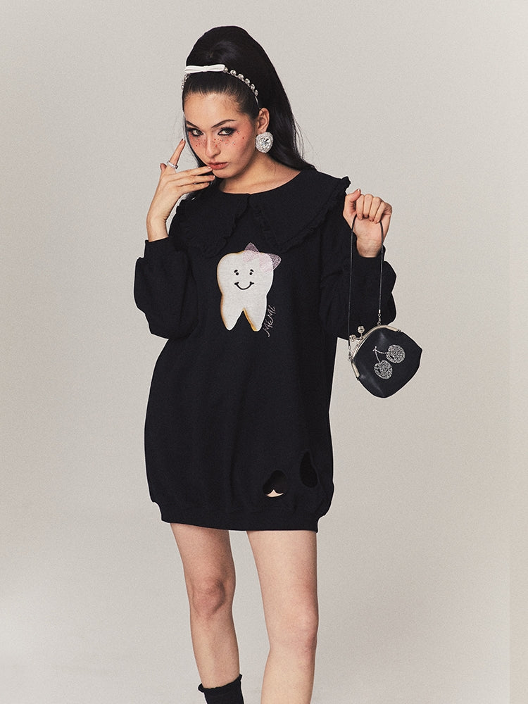 Teeth Oversize Damage Frill Casual Pop Pullover