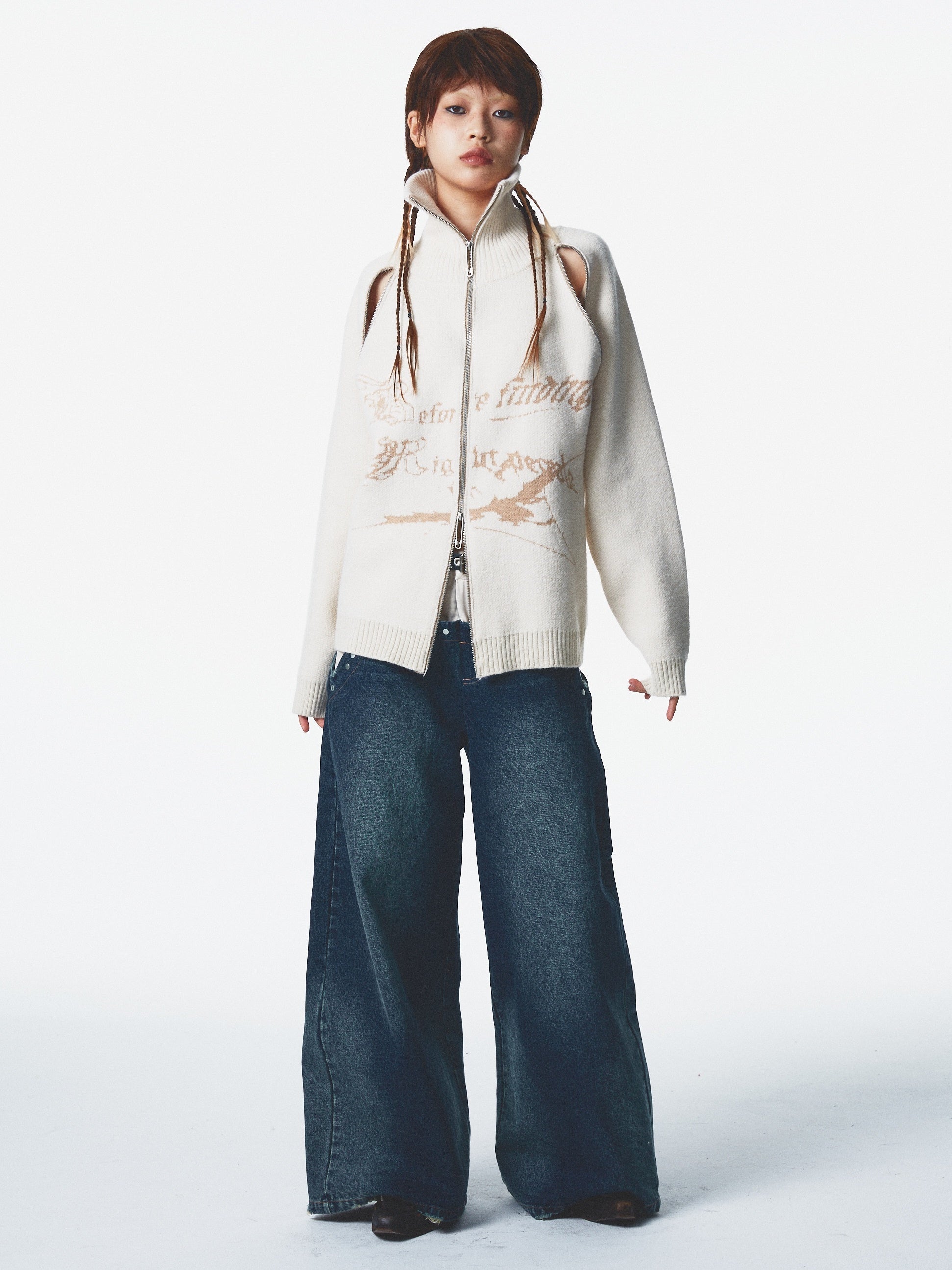 Ultra-high Collar Double Zipper Hole Sweater Jacket