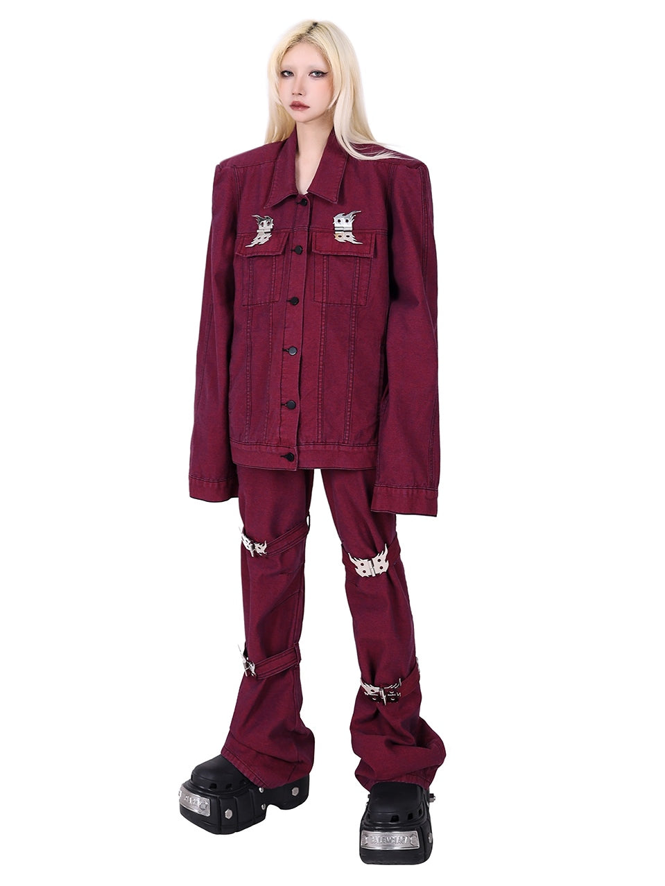 Flame Buckle Shoulder Pad Denim Jacket