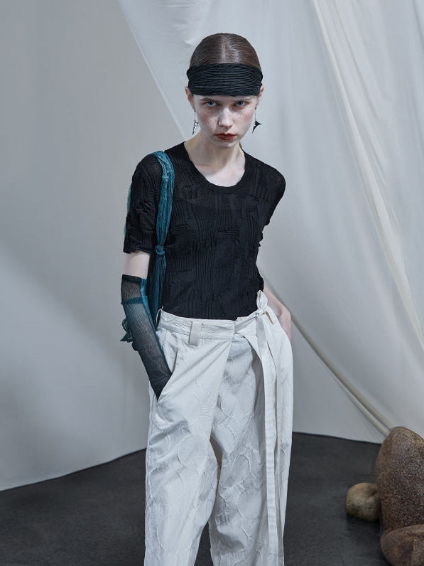 슬림 니트 둥근 목 티셔츠