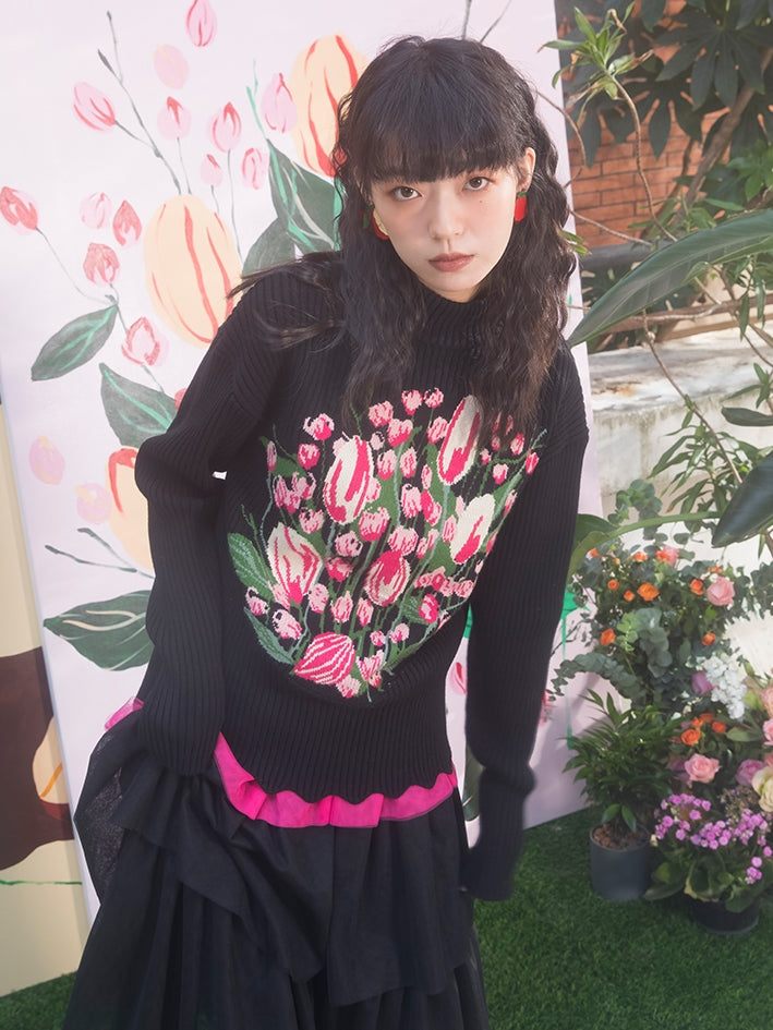 Tulip Pattern Half Turtreneck Loose Sweater