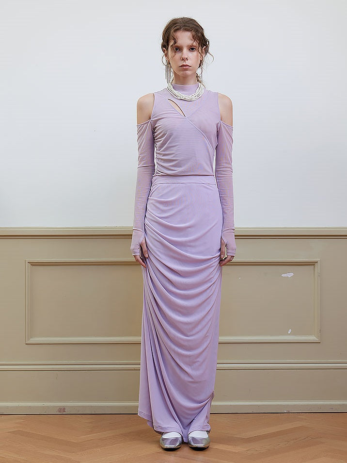 Draped Shirred Irregular Straight Long Skirt