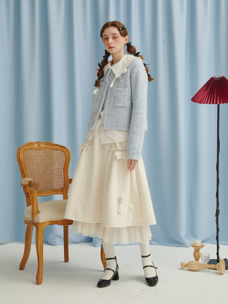 달콤한 귀여운 Peplum 레이스 레이어 푹신한 탑 및 스커트 설정