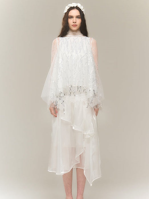 SEQUINED MESH IRREGULAR BLOUSE & SEQUINED SKIRT