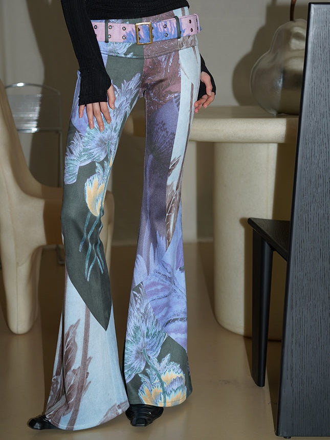 Vintage Print Slim Fit ausgestoßener Hosen mit Gürtel