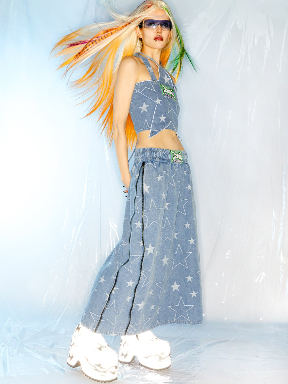 스타 사이드 지퍼 느슨한 A- 라인 데님 스커트