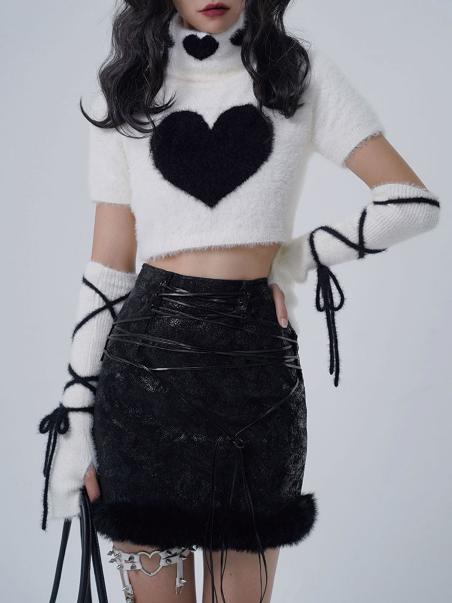 Y2K Knitted TurtleNeck Top & Armwarmer