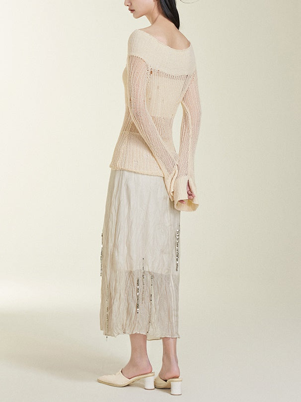 Silver Chain Decoration Sheer Wrinkled Skirt