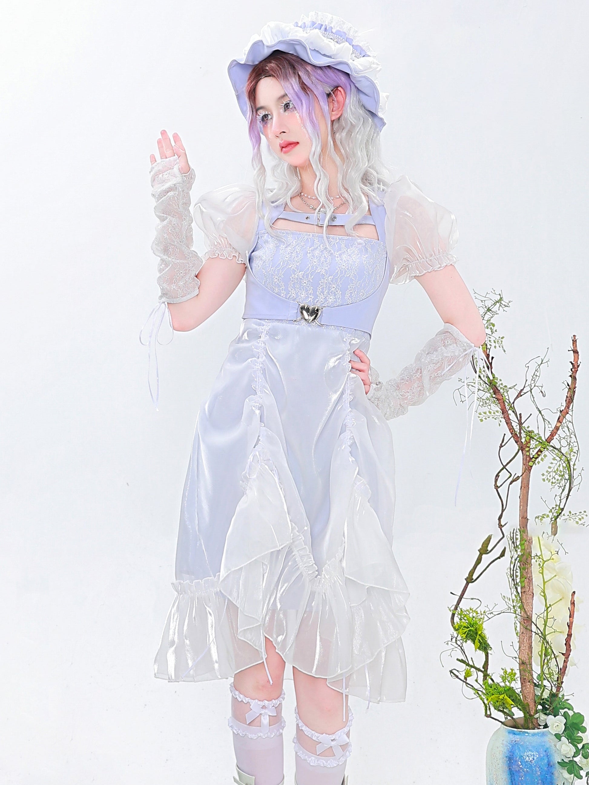 Lace Drawstring Puff Sleeve Romantic Dress