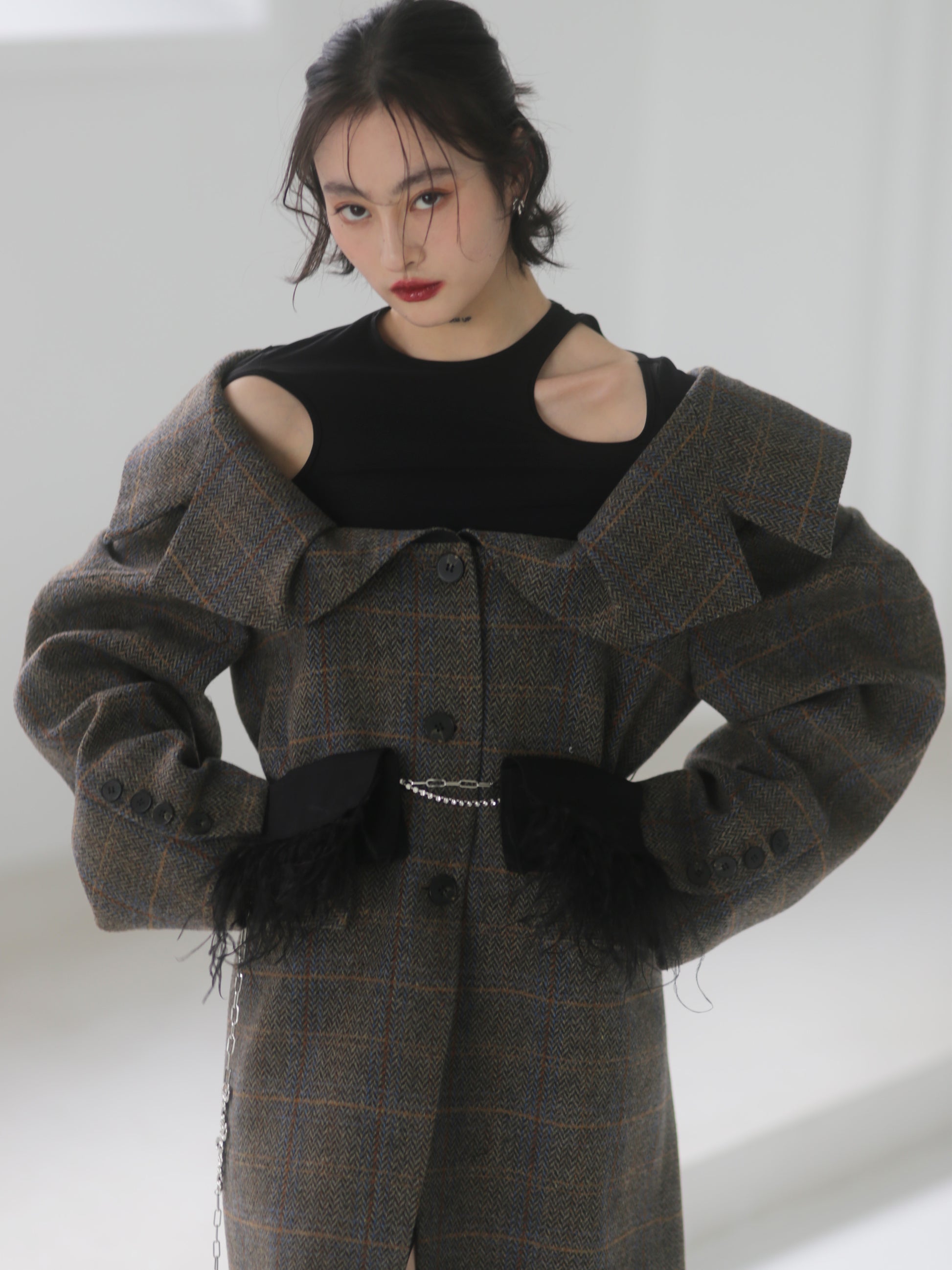 THREE-DIMENSIONAL GENEROUS COLLAR PLAID WOOL LONG COAT
