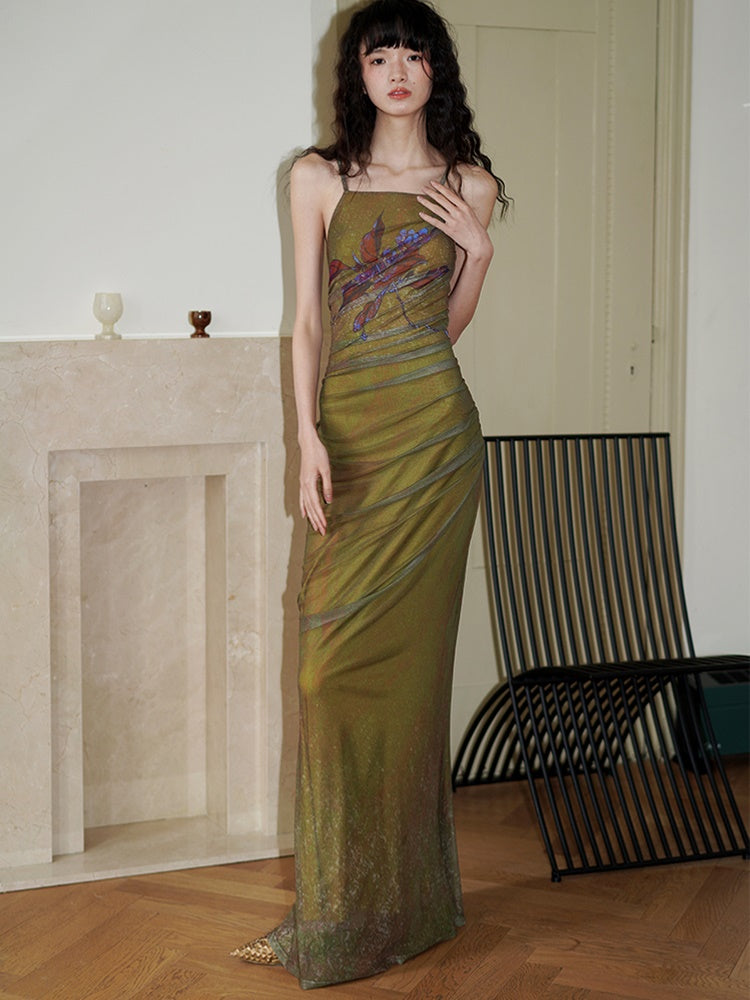 중국 인쇄 메시 긴 뒤쪽 드레스