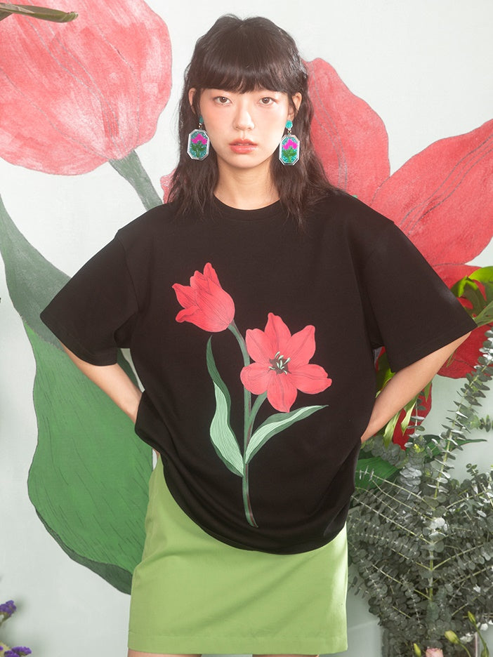 Tulip Print Drop Shoulder T-Shirt