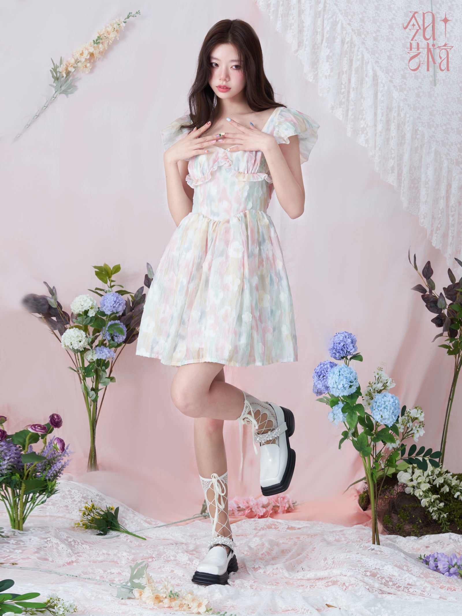 넥타이 염색 프릴 달콤한 꽃 원피스