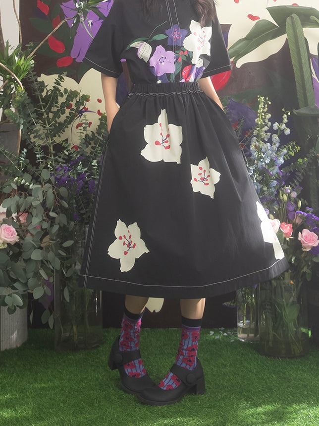 벚꽃 프린트 A- 라인 스커트