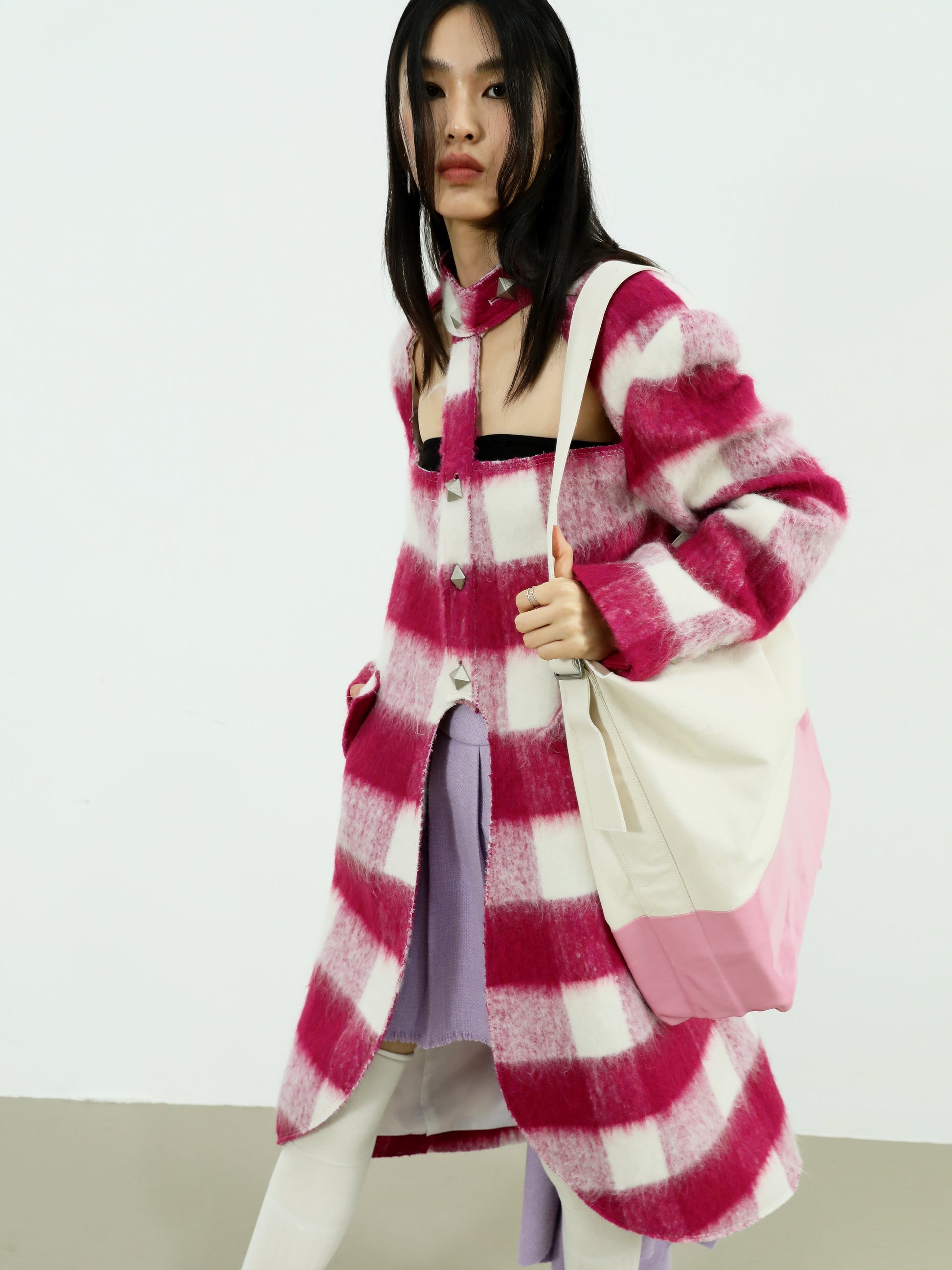 Hohl trägerlose karierte Wollmantel