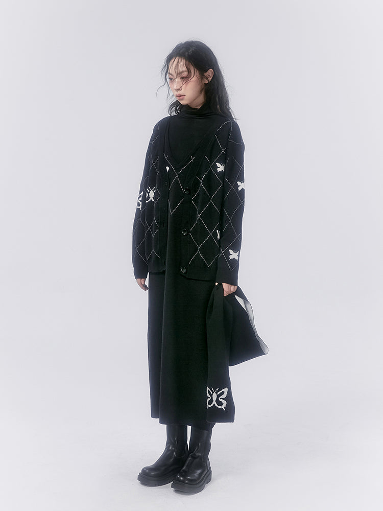 Rhombus karierter Schmetterling Strickjacke & Mufffler