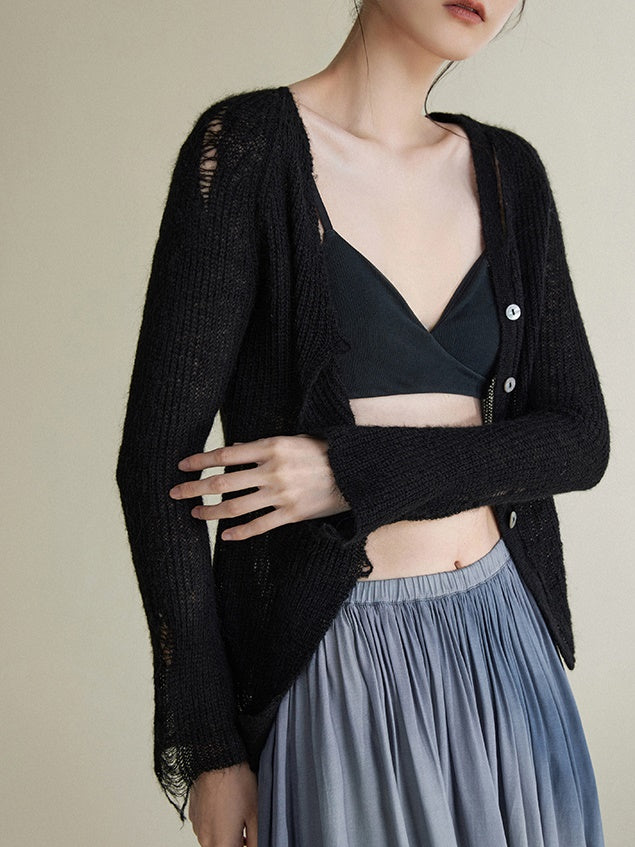 Asymmetrischer Mohair zerrissene Strickjacke