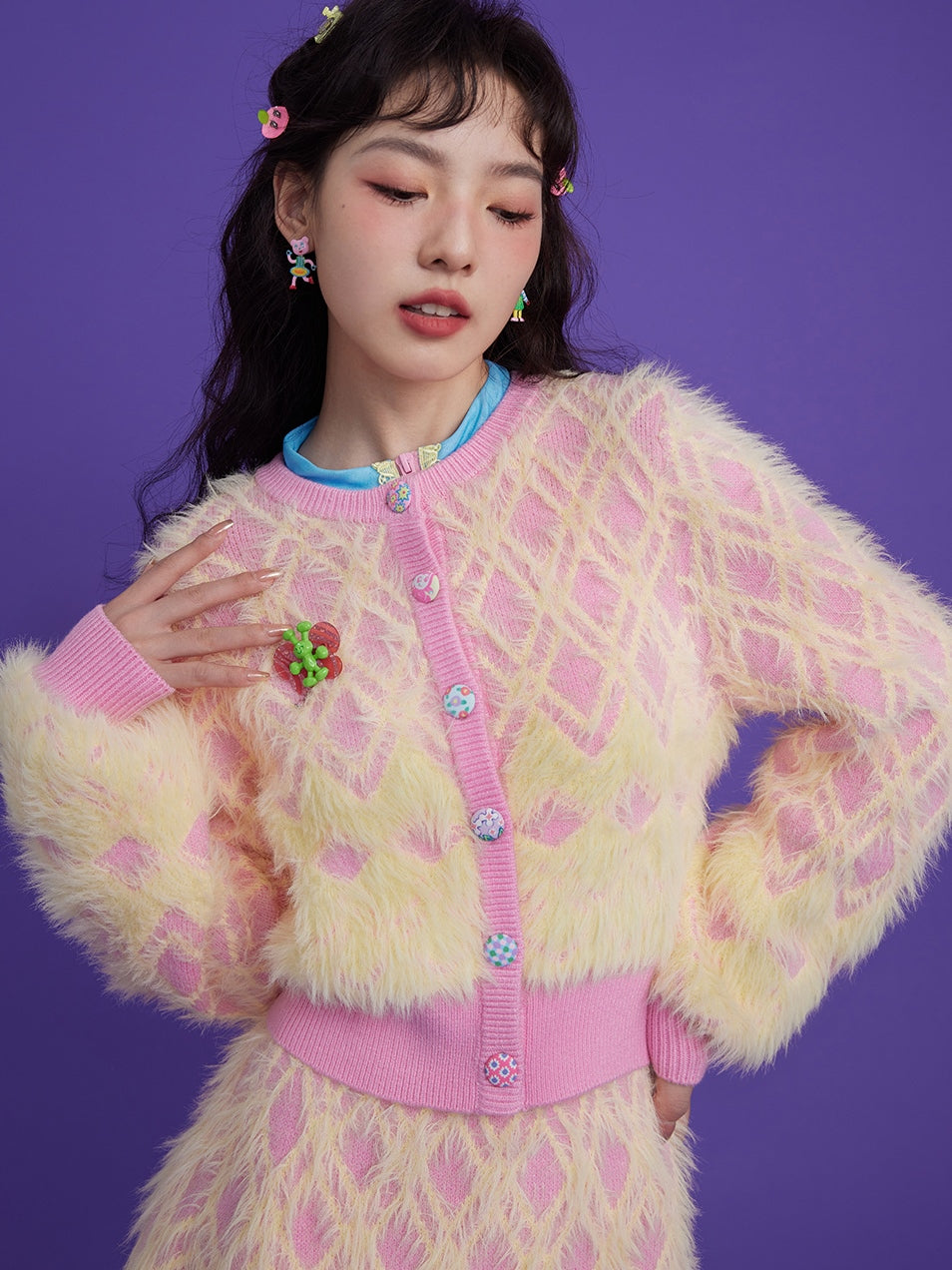 Diamond Check Plush Cardigan & Knitted Skirt