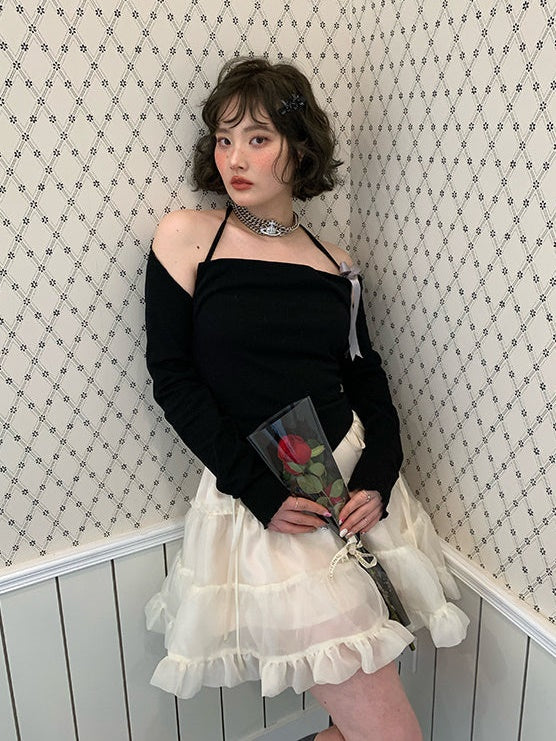 Ribbon Halter Neck Camisole & Sleeve Set-UP