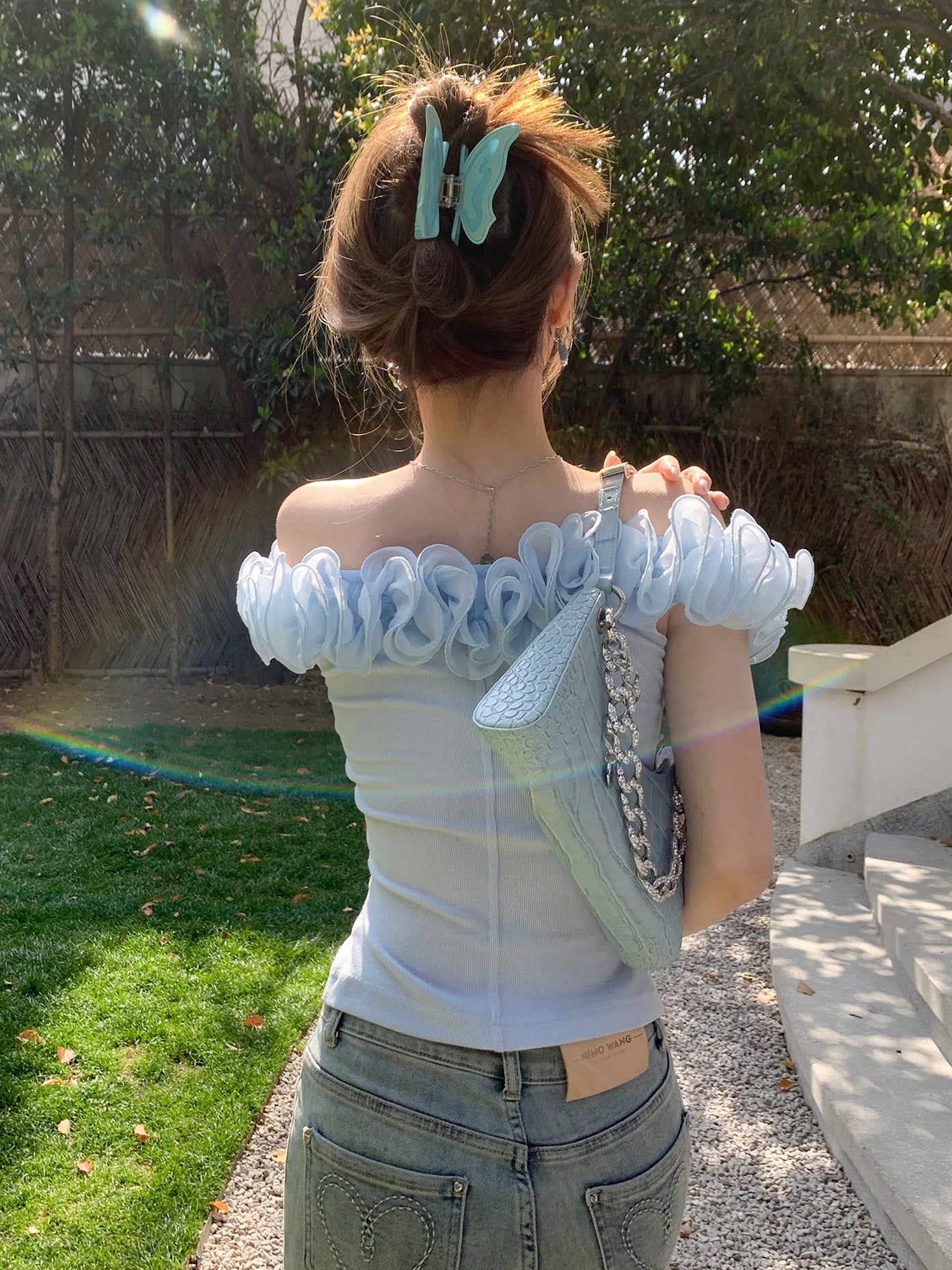 Off-Shouder-Blume Stretch Stretch Slim Top gestrickt