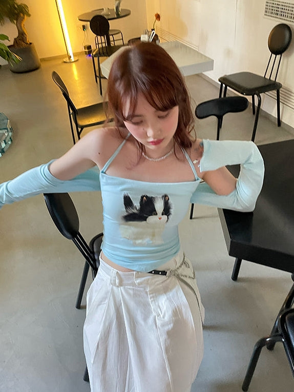 Kitten Printer Halter Camisole & Sleeve