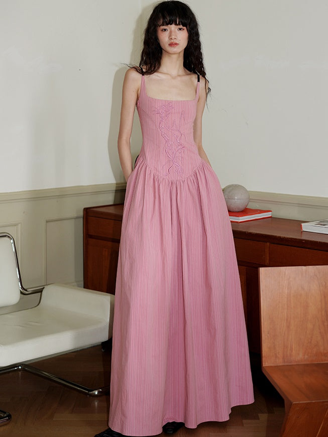 Embroidered Long Backless Sling Dress