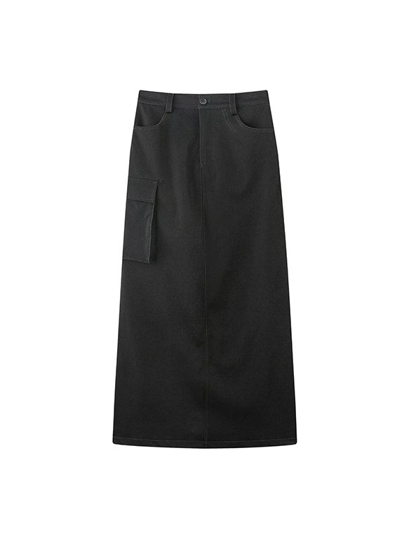 Denim Leather Straight Long Skirt